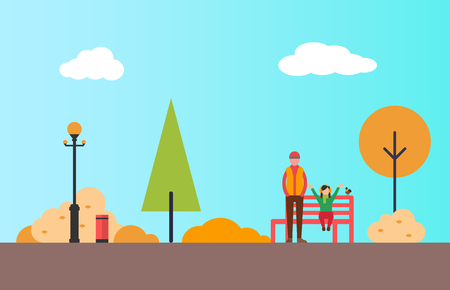 Man and child walking in park vector. Kid girl sitting on bench, green and yellow trees on background. Street lamps and bin, autumn bushes and road vectorのイラスト素材