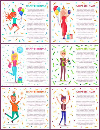 People partying at birthday celebration vector. Woman with balloons taking selfie with smartphone, man with champagne, boy standing under confettiのイラスト素材