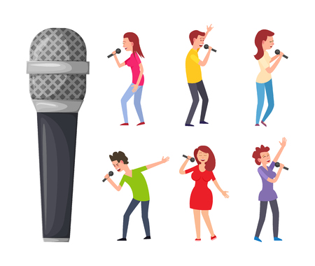 Pop artists or performers, celebrities sing songs and musical electric device. Men and women singing, microphone and singers isolated vector charactersのイラスト素材