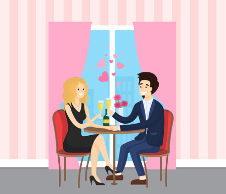 Date man and woman, boyfriend holding girl, lovers and toast with glass of wine. Couple sitting at table in restaurant with panoramic window vectorのイラスト素材