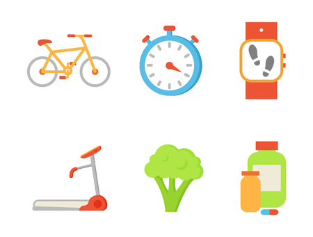 Treadmill and broccoli isolated icons set. Bicycle and timer clock, wristband pedometer indicator and bottles with vitamins, pills and capsules vectorのイラスト素材