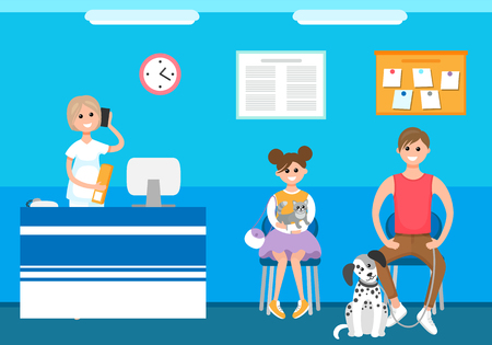 Veterinary clinic reception appointment of patients vector. People at animal hospital, care and treatment of domesticated mammals, cats and dogs cureのイラスト素材