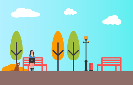 Autumn people in flat style. Woman freelancer working on laptop, color trees, lantern lamps, benches and blue sky. Basket for waists, vector park at fall seasonのイラスト素材