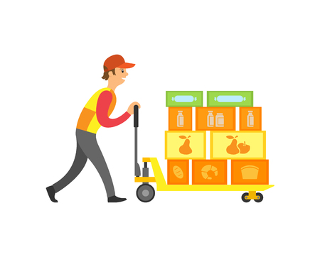 Loader worker in supermarket with boxes on machine with wheels vector. Working male pushing storage and orders of market. Containers with goods insideのイラスト素材