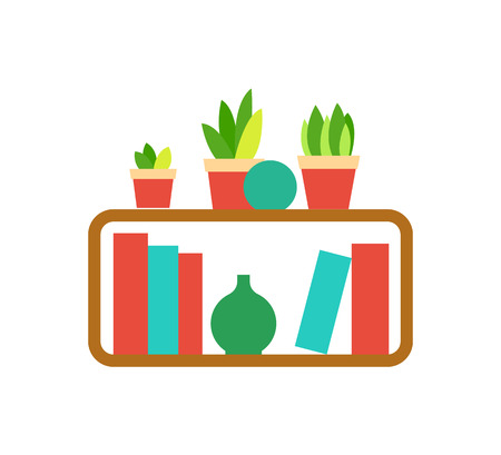 Bookshelf template, colorful hardcovers, hanging wooden shelf with houseplants and vases on white, home library, decoration elements, literature vectorのイラスト素材