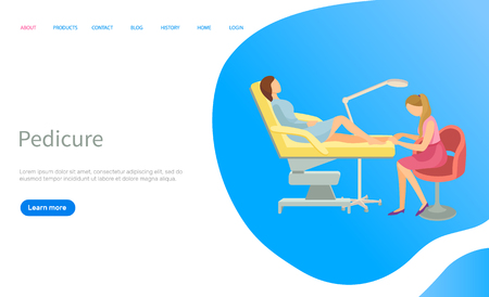 Pedicure to client in spa salon vector. Chiropody treatment of feet and toenails for cosmetic, therapeutic purposes website with text sample template. Webpage landing page flat styleのイラスト素材