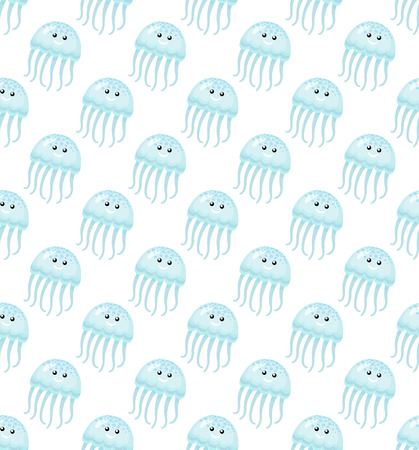 Jellyfish with faces vector, seamless pattern isolated on white background. Childish drawing of fish, medusa character with eyes and smile, aquatic animalのイラスト素材