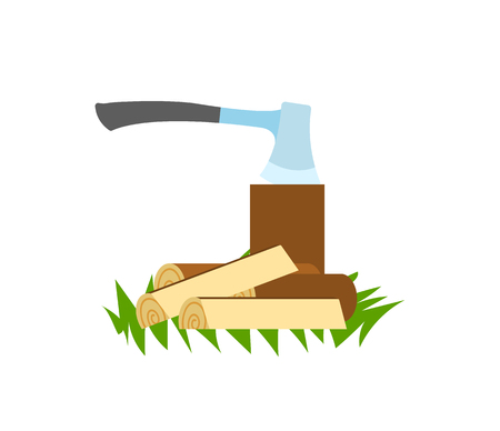 Traveling and camping, ax in stump and firewood vector. Woods and cutting tool, forestry and hiking, campfire or bonfire materials isolated objectのイラスト素材