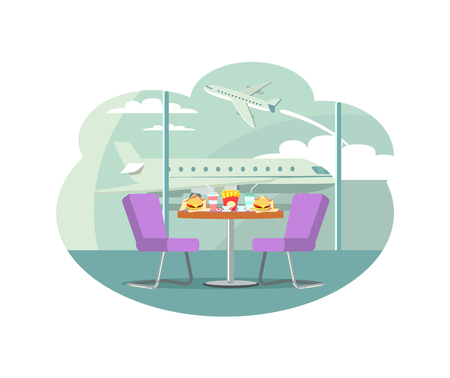 Bistro cafe at airport vector, table with served food.のイラスト素材