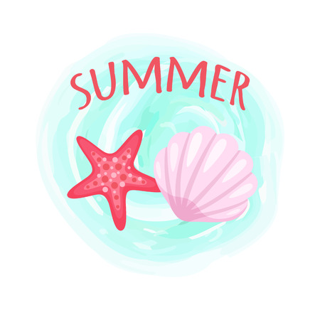Summer poster aquatic creatures vector, isolated conch and starfish on blue watercolor splash.のイラスト素材