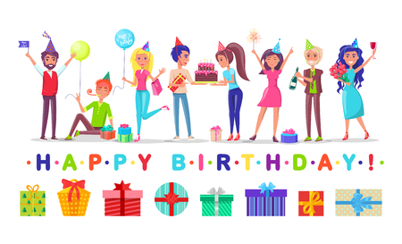 Happy birthday, men and women in festive hats vector. Gift boxes or presents, balloons and chocolate cake, champagne and bouquet, sparkler and packのイラスト素材