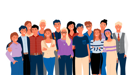 Crowd posing together, group portrait view, smiling people in casual clothes, hugging men and women....