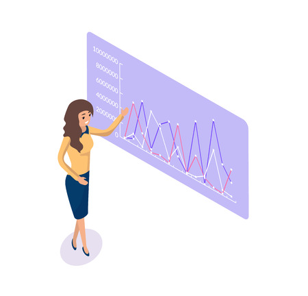 Businesswoman giving presentation vector. Board with infographics and infocharts, flowcharts with information about project, explanation of presenterのイラスト素材