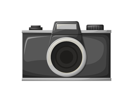 Film camera, old-fashioned style of shooting equipment, black retro object with lens on white. Glossy recoding cinema technology, photo apparatus vectorのイラスト素材