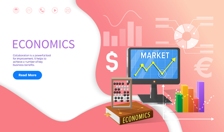 Economics school discipline, university studies vector. Computer with growing chart results, calculation of money currencies, textbooks with dataのイラスト素材