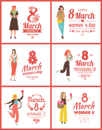 Woman holding flowers vector, poster with greeting on international holiday. Lady holding box with roses, tulips and hyacinth flora in woven basket. 8 March setのイラスト素材