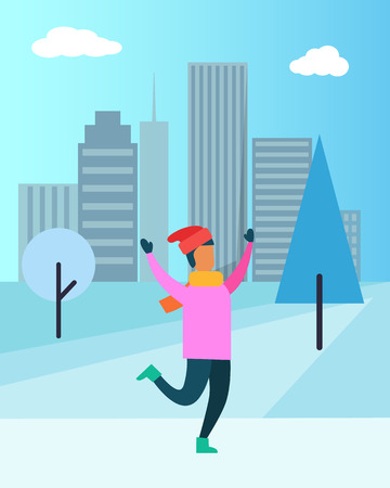 Man in pink sweater, red Santa hat, in warm mittens and cosy boots enjoys snowfall vector illustration poster on cityscape background with skyscrapersのイラスト素材