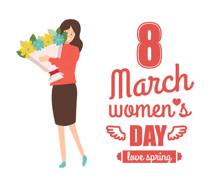Vector female with blooming celebrate international spring holiday. 8 march womens day greetings and business woman in blouse and skirt with bouquet of flowersのイラスト素材