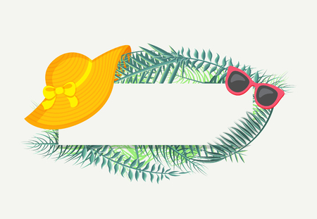 Banner with green tropical leaves, summer hat and sunglasses. Vector isolated frame with spare place for text, exotic foliage and summertime attributesのイラスト素材