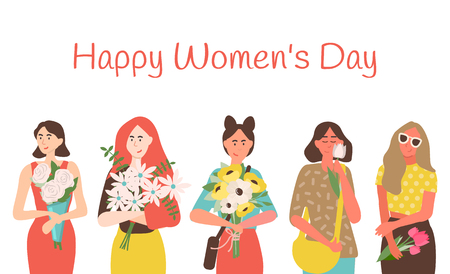 Happy womens day greeting card with cartoon ladies holding flower bouquets. Vector smiling caucasian mothers and girlfriends with blossoms, lovely girlsのイラスト素材