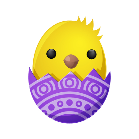 Fluffy spring yellow newborn chick hatched from shell with ornamental decor isolated on white. Mascots of Easter celebration, chicken as symbols of new life vector illustration. Friendly feast animalsのイラスト素材