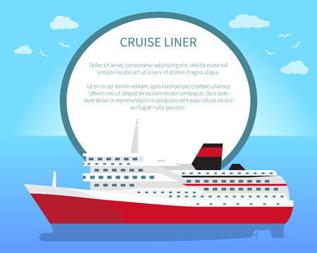 Spacious luxury cruise liner big red steamer on water surface with place for text in round banner. Seagoing ships vector illustrationsのイラスト素材