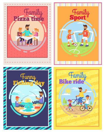 Family spending time together by eating pizza, doing sport, riding bikes or fishing vector colorful poster of four cardsのイラスト素材