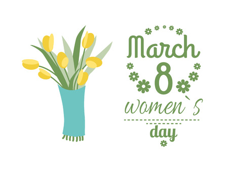 Greeting postcard decorated by bouquet of yellow tulips. Womens international day, 8 March and flavor on white, spring greeting for ladies vectorのイラスト素材