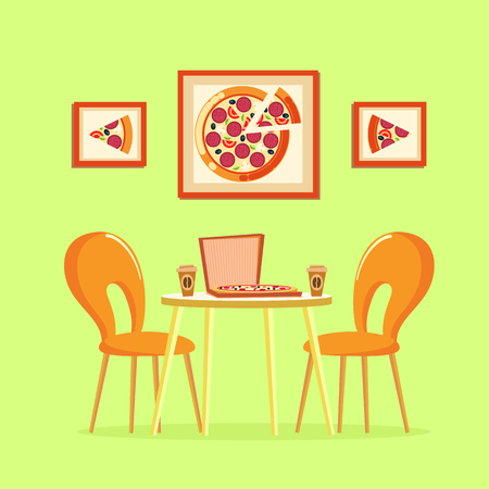 Restaurant table with pizza pictures decoration on wall vector. Box with Italian pizzeria, slices of prepared meal with tomatoes salami cheese ingredientsのイラスト素材