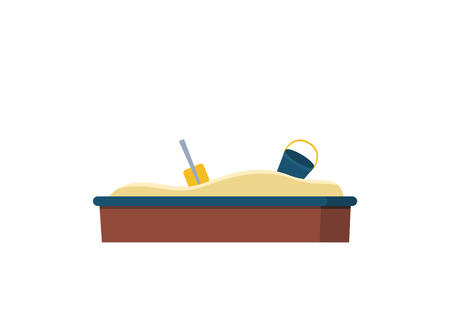 Sandbox in brown color with bucket and shovel isolated on white, playground with send or element of entertainment outdoor, sander flat view vectorのイラスト素材