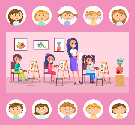Students drawing on canvas vector, lessons at school. Art classes, pupils with pallets of gouache looking at vase with flowers and fruit, teacher with taskのイラスト素材