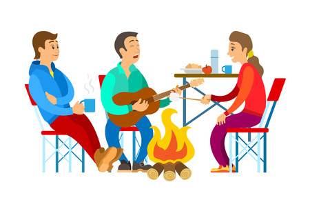 People in sport suit near bonfire singing song with guitar, man and woman sitting on chairs, person holding branch near fire, tourists and picnic vectorのイラスト素材