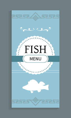 Fish menu template, vector seafood dishes list with marine animal silhouette.のイラスト素材