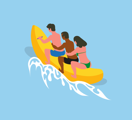 Summer sea adventures of people vector, man and woman sitting on inflatable banana boat holding each other. Male and female on holidays summertime vacationのイラスト素材