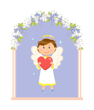 Valentines day holiday, angel or cupid in wedding flower arch vector. Love and affection, relationship celebration, boy with halo and wings, ceremonyのイラスト素材
