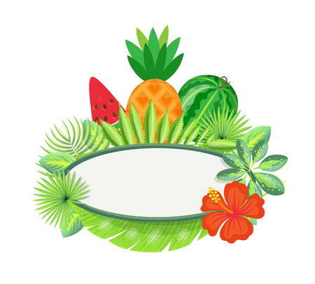 Frame with tropical fruits and exotic leaves isolated border with spare place. Vector piece of watermelon, pineapple and red flower, green foliageのイラスト素材