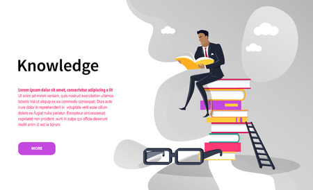Knowledge online web page businessman with book vector. Pile of books and ladder, eyesight glasses, qualification improvement, professional educationのイラスト素材