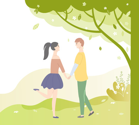 People in love under green tree. Vector dating teenagers, girl in short skirt, boy in yellow sweater and trousers. Sudents in lovers, male and femaleのイラスト素材