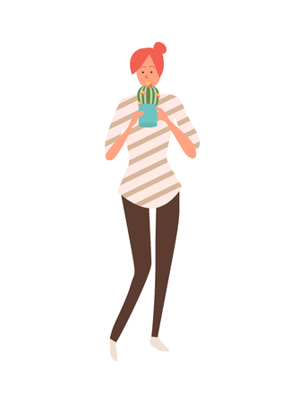 Girl with cactus in pot isolated female in flat style. Vector girl with flower as gift, Valentines day or 8 March present, surprise on holiday blooming plantのイラスト素材