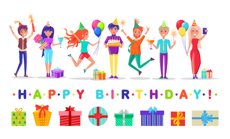 Happy birthday party, present boxes and guests vector. Men and women in festive hats with sparlers and balloons, cocktails and bouquets, cake and postcardのイラスト素材