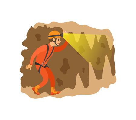 Man wearing helmet with light going in cave, male insurance going in antre, side view of person in orange suit, extreme or dangerous tourism vectorのイラスト素材