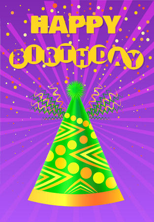 Happy Birthday greeting card vector. Anniversary accessory, paper headdress and party, celebration and congratulation. Festive cone hat, Bday eventのイラスト素材