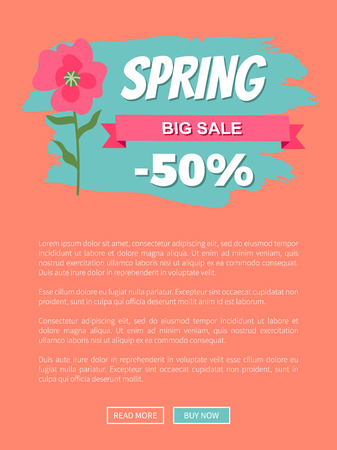 Spring big sale 50 percent off promo label with pink gentle flower. Vector webpage or website template, text sample and springtime special offer on orangeのイラスト素材