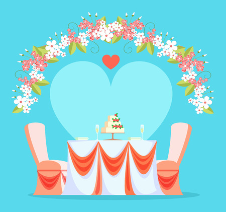 Restaurant wedding reception vector, table and chairs decorated with bows and fabric. Arc made of flowers and foliage, blossom and heart love partyのイラスト素材