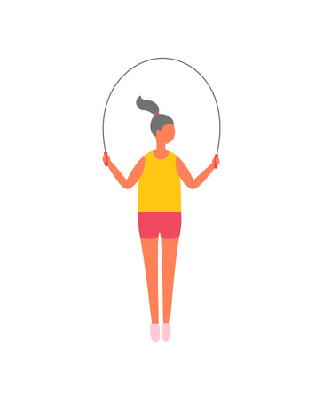 Woman athletics vector, jumping rope sport activity for person to keep fit and lose weight. Sporty female with special equipment for body improvementのイラスト素材