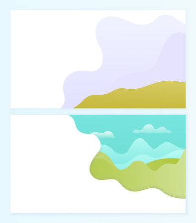 Abstract representation of horizon vector, set of blurry clear sky with clouds, lawn and green grass. Mountain with greenery and bushes in distanceのイラスト素材