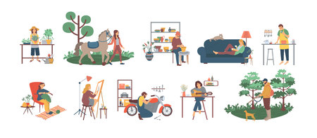 People gardening and cooking, fixing motorbikes vector. Reading books and drawing on canvas, playing guitar and caring for horses animal, men and womenのイラスト素材