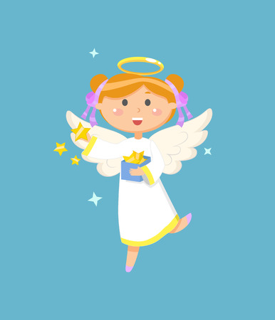 Christmas or Easter symbol, angel with box of stars, religious holiday vector. Girl in dress with halo and wings, heaven creature, Valentines dayのイラスト素材