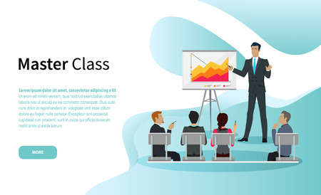Master class vector, businessman giving tutorial to guests. Conference with whiteboard and explanation, seminar people listening to skillful bossのイラスト素材