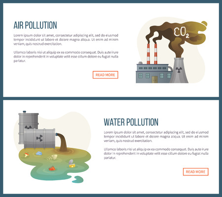 water pollution and air gas emission vector environmental problems on planet, concerned about co2 from factories and liquid with harmful contain. Website landing page flat style. Concept for Earth dayのイラスト素材